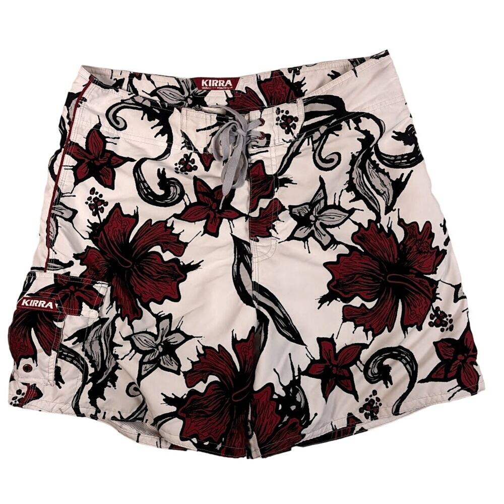 Kirra Board Shorts Red Black White flower Print Men's Swim Trunks Size‎ 34 lined